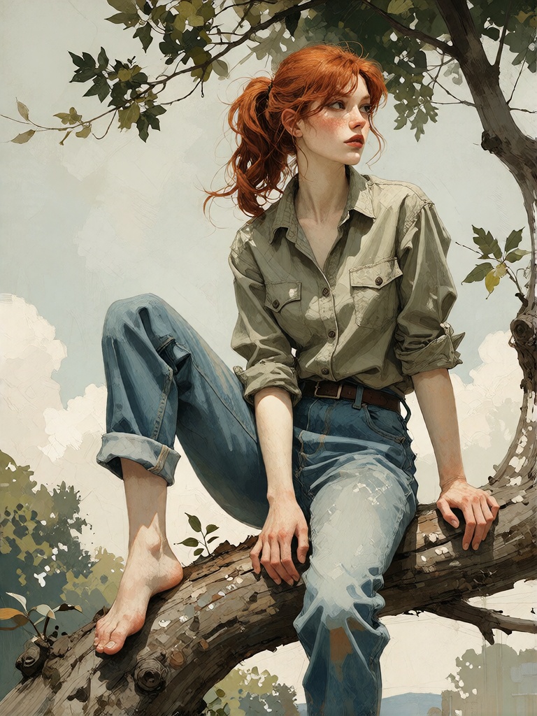 Bradhamel art style,  a young woman with vibrant red hair tied back in a loose ponytail sits barefoot on a thick,  gnarled...