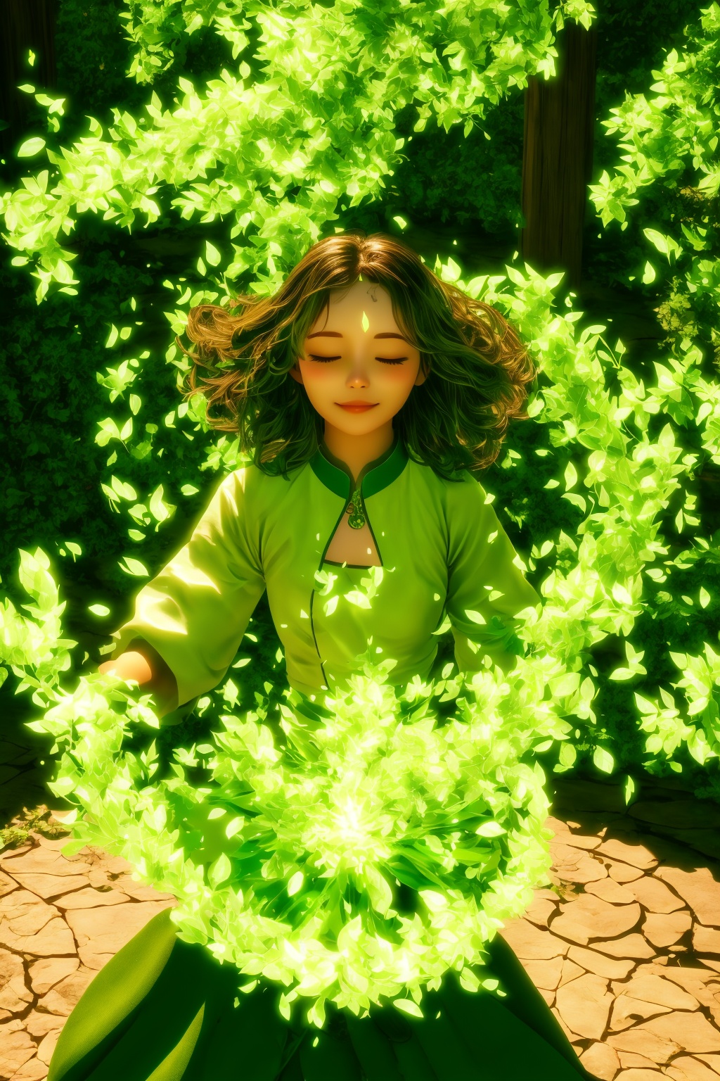 green-aura,green-magic,using green-leaf-magic,using green-healing-magic,green-healing-magic,green-healing-aura,green-leaf-magic,green-leaf-aura,1girl,solo,closed eyes,brown hair,indoors,glowing,facing viewer,<lora:magic_fighting_green_512_dreamshaper_8_2:0.8>,