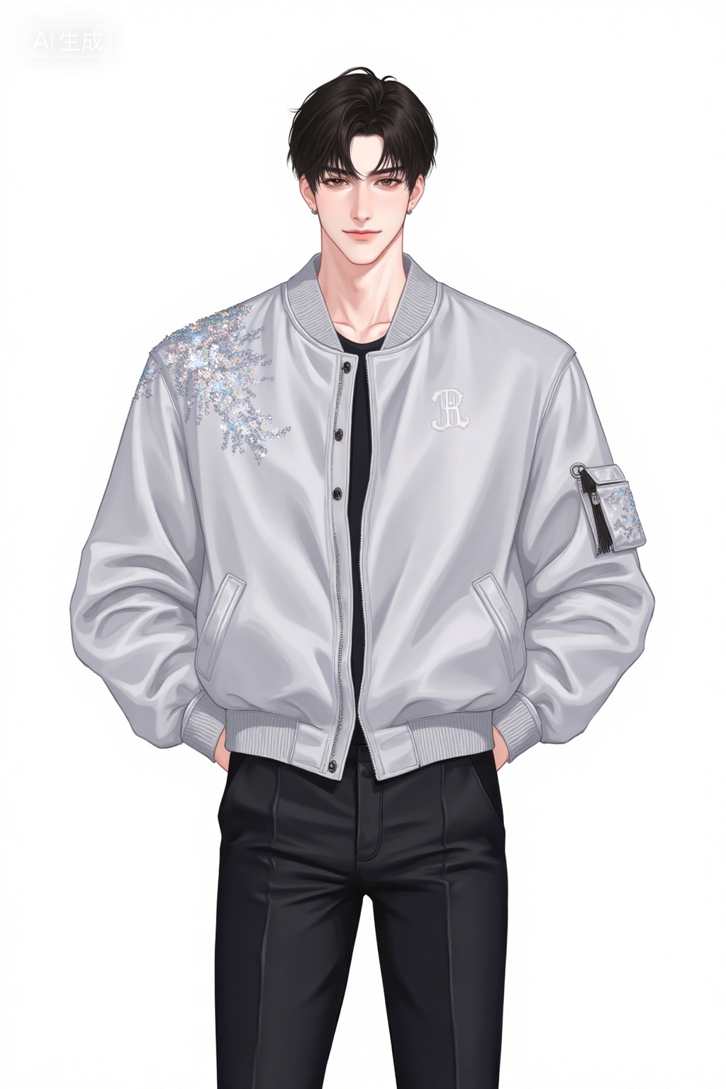 Realistic anime drawing of handsome young man,,  idol in a silver-sequined bomber jacket stands against a plain white backdrop, his hands casually tucked into tailored black trousers., Negative prompt: ng_deepnegative_v1_75t,(badhandv4:1.2),EasyNegative,(worst quality:2),,nsfw, Steps: 30, Sampler: Euler, CFG scale: 3.5, Seed: 2128571587, Size: 1024x1536, Model hash: 8cba4f1ef4, Model: F.1基础算法模型-哩布在线可运行_F.1-dev-fp8.safetensors, Denoising strength: 0, RNG: CPU, Lora 1: 20251118, Lora Hash 1: d7ed8b5205, Lora Weight 1: 1.0, vae_name: automatic