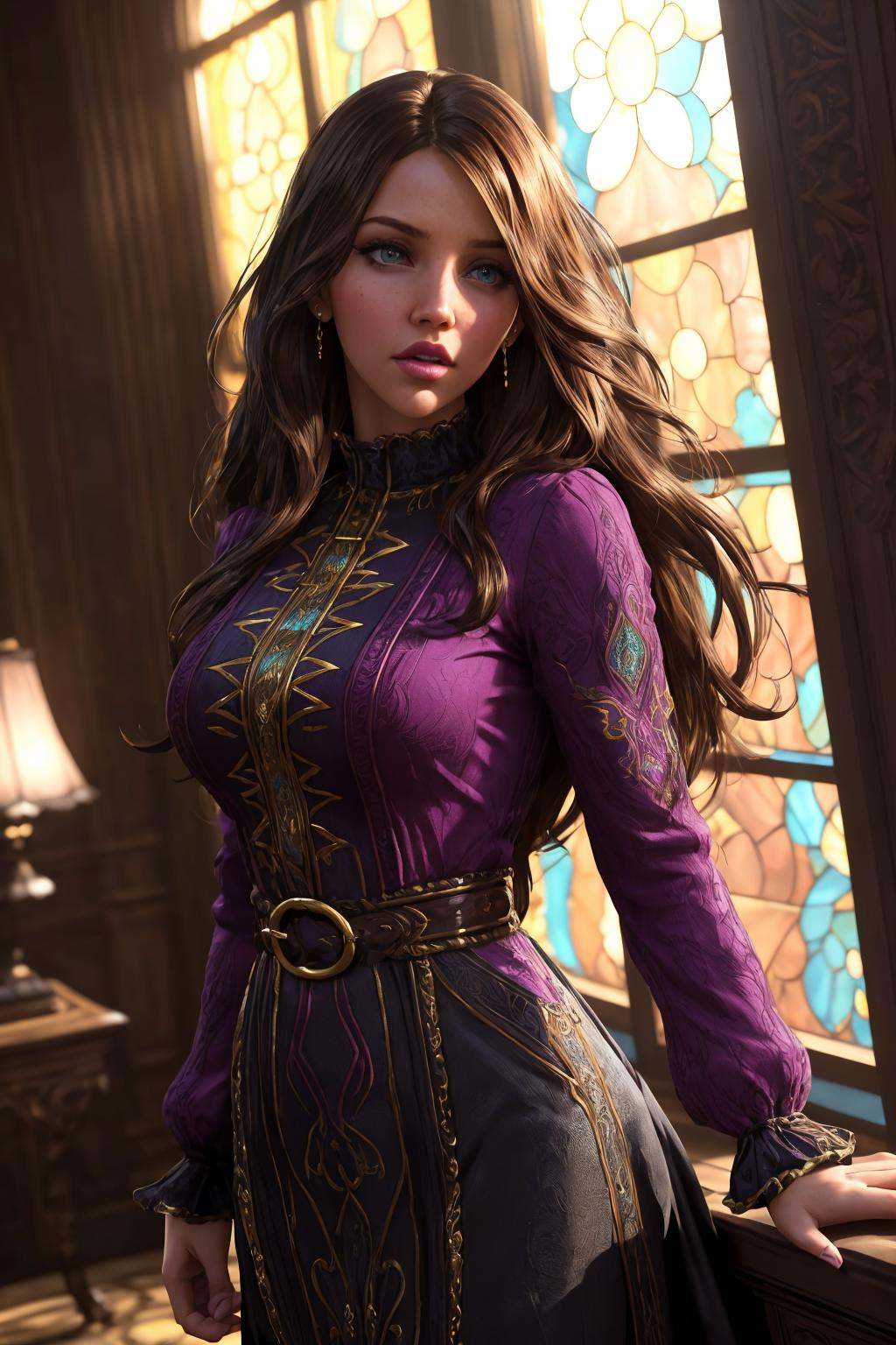 zrpgstyle,  EvelynNobodySD15 dark brown layered hair standing in an luxurious stone keep,  gothic architecture very bright...