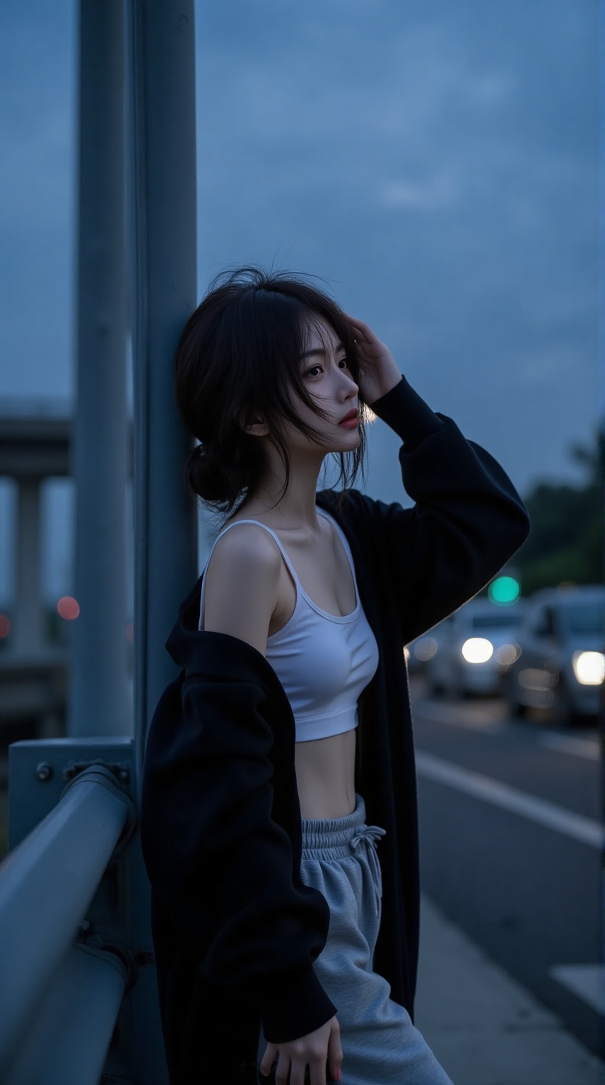 beauty,sad,This is a high-resolution photo taken at dusk,capturing the silhouette of a young Asian woman in an urban environment. She stood next to a metal pole,with her left hand resting on it. Her right hand lifted and caressed her loose and messy hair bun. She has fair skin and a petite figure,wearing a white sports bra under a loose black cardigan. Her clothing includes high waisted light gray sweatpants. She was holding a beer in her left hand,a bit blurry.,The background features a blurred urban landscape and visible streetlights,creating a melancholic and atmospheric atmosphere. There are several cars parked on the roadside,and the headlights of one car are clearly visible. The sky is gloomy,with soft blue light shining on the scene. The dim lighting in the picture creates a melancholic and contemplative atmosphere. The textures in the photo include her smooth skin,soft sports pants,and rough metal bars. The overall aesthetics are modern and urban,with a focus on the subject's relaxed and introspective behavior.,
