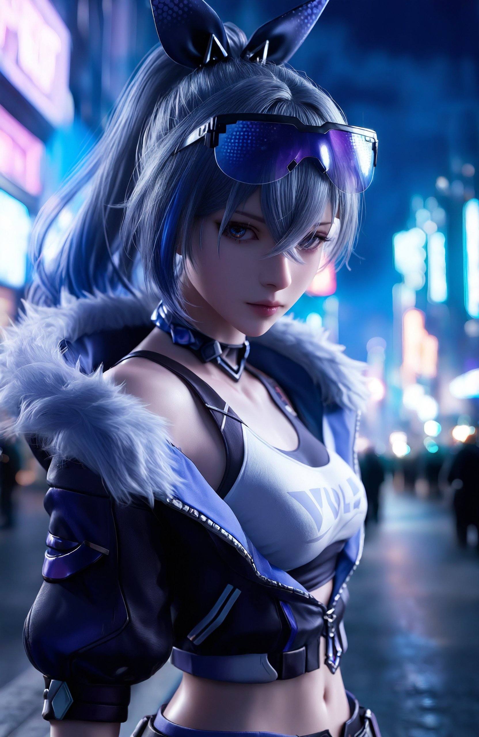 1 girl,  silver wolf  honkai star rail.. Ultra-detailed  masterpiece,PHOTO,REALISTIC photo,COSPLAY PHOTO,good hand, night city,,,dynamic pose ,shading and cinematic lighting,edge lighting casts soft shadows on ,depth of field,super-detailed,atmosphere,Ultra HD,aesthetics,perfect anatomy,jewelry details,volumetric fog effects.,