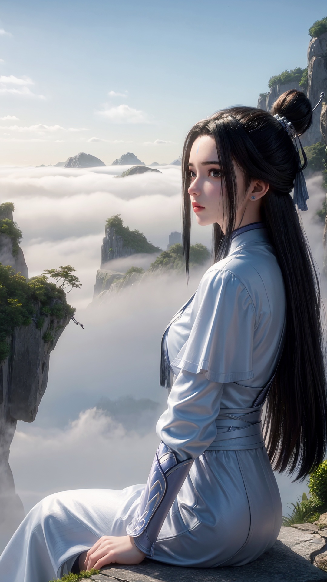 <lora:add_detail细节增加:0.7>,<lora:MHB:0.3>,1girl,solo,tassel,long sleeves,chinese clothes,outdoors,long hair,black hair,sky,day,jewelry,earrings,hair ornament,blue sky,hair bun,half updo,cloud,mountain,cloudy sky,single hair bun,very long hair,forehead mark,facial mark,black eyes,hair stick,fog,floating island,architecture,cliff,long_legs,(looking_at_viewer:1.2),sitting,thin,<lora:luxueqi:0.65>,solo_focus,
