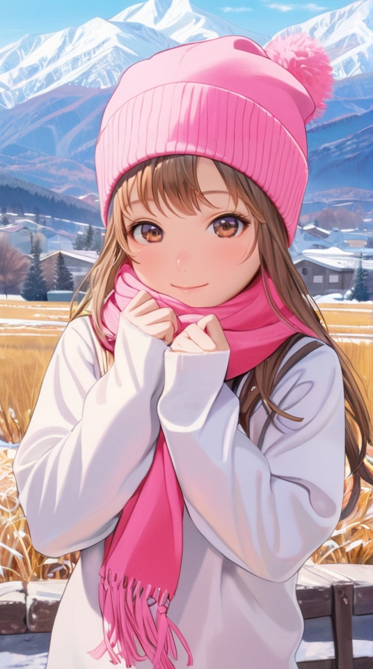 (best quality), ((masterpiece)), (highres), illustration, original, extremely detailed,  <lora:莲实复古动漫XL:0.7>1girl, solo, pink scarf, hat, scarf, brown hair, long hair, outdoors, smile, looking at viewer, long sleeves, mountain, upper body, day, sleeves past wrists, beanie, pom pom \(clothes\), bangs, sky, blush, closed mouth, brown eyes