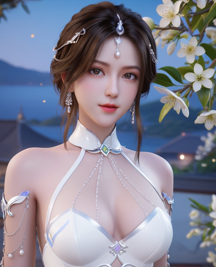 <lora:613-DA-XL-神印王座-白玥:0.8>(,1girl, ,best quality, ),looking at viewer,  ,ultra detailed background,ultra detailed background,ultra realistic 8k cg, ,masterpiece, (( , )),,  fiction,mole, ultra realistic 8k cg, ,      , lemon blossoms,  (cleavage), (), ,,,