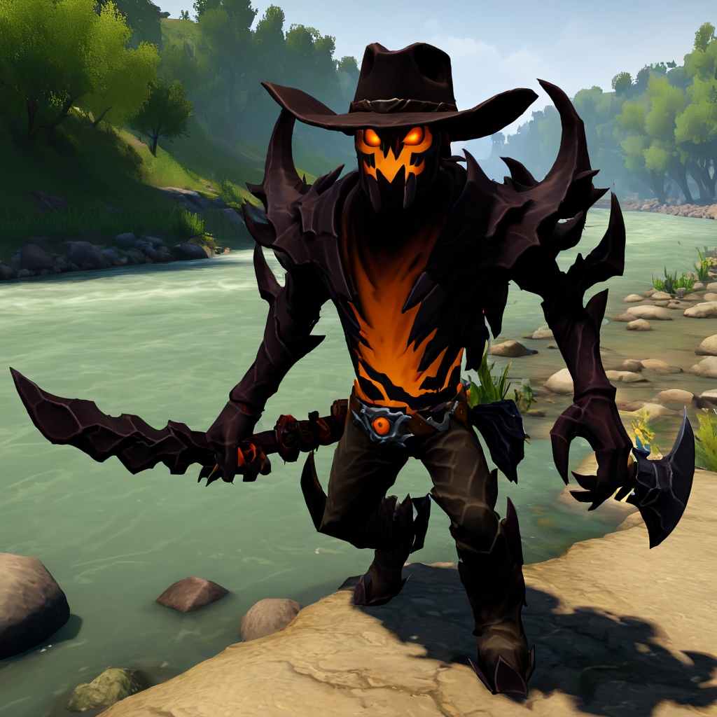ShadowFiend,  near a river,  wearing cowboy hat on Tensor.Art