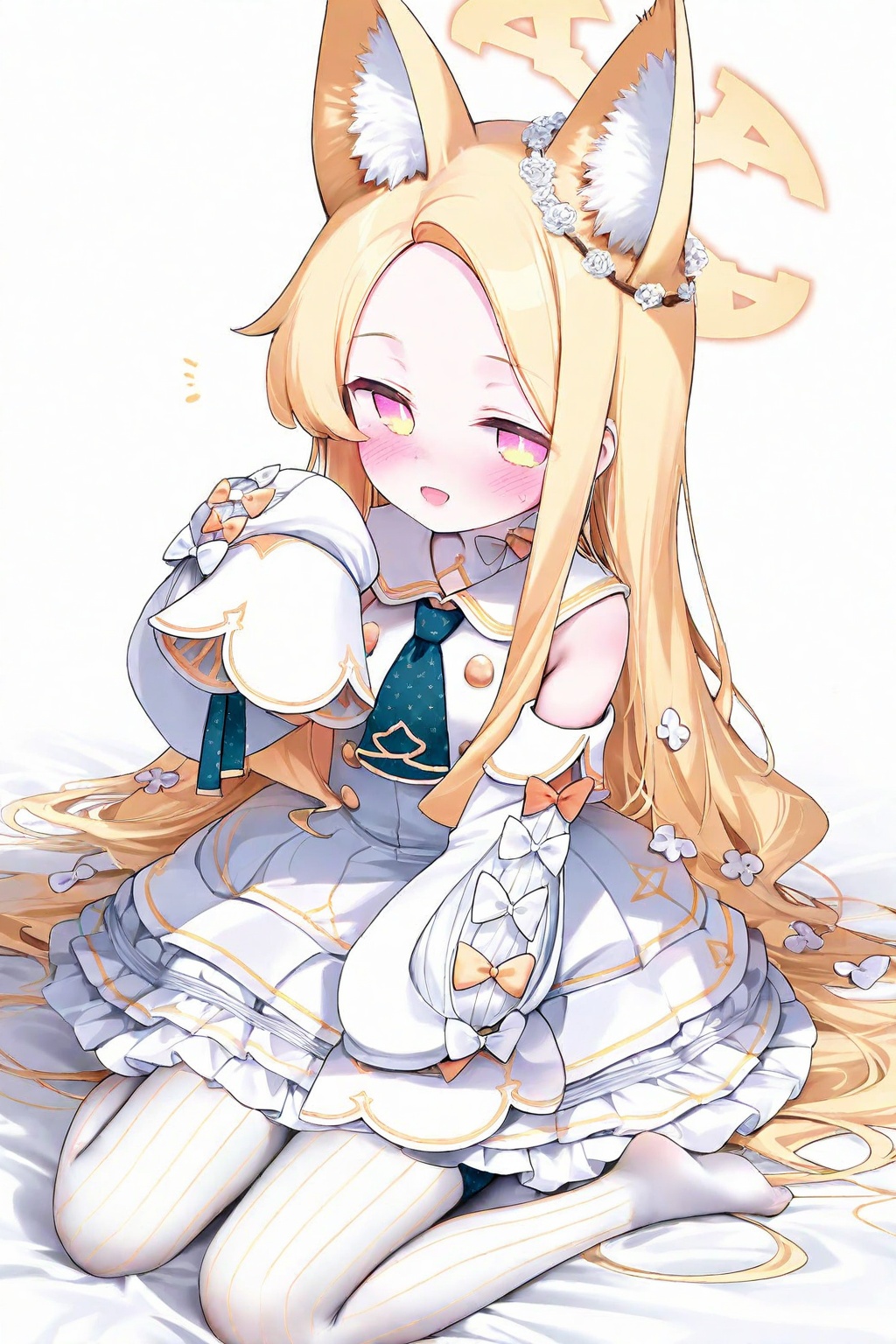 blue archive, seia \(blue archive\), 1girl, animal ear fluff, animal ears, blonde hair, blush, bow, cross halo, detached sleeves, dress, forehead, fox ears, fox girl, full body, halo, hand up, long hair, looking at viewer, messy hair, multicolored eyes, necktie, no shoes, open mouth, pantyhose, petticoat, pink eyes, simple background, single ear down, sitting, sleeveless, sleeveless dress, sleeves past fingers, sleeves past wrists, smile, solo, striped clothes, striped pantyhose, two-tone eyes, vertical-striped clothes, vertical-striped pantyhose, wariza, white background, white bow, white dress, white pantyhose, yellow bow, yellow eyes, yellow halo <lora:ch_p-000021:1>