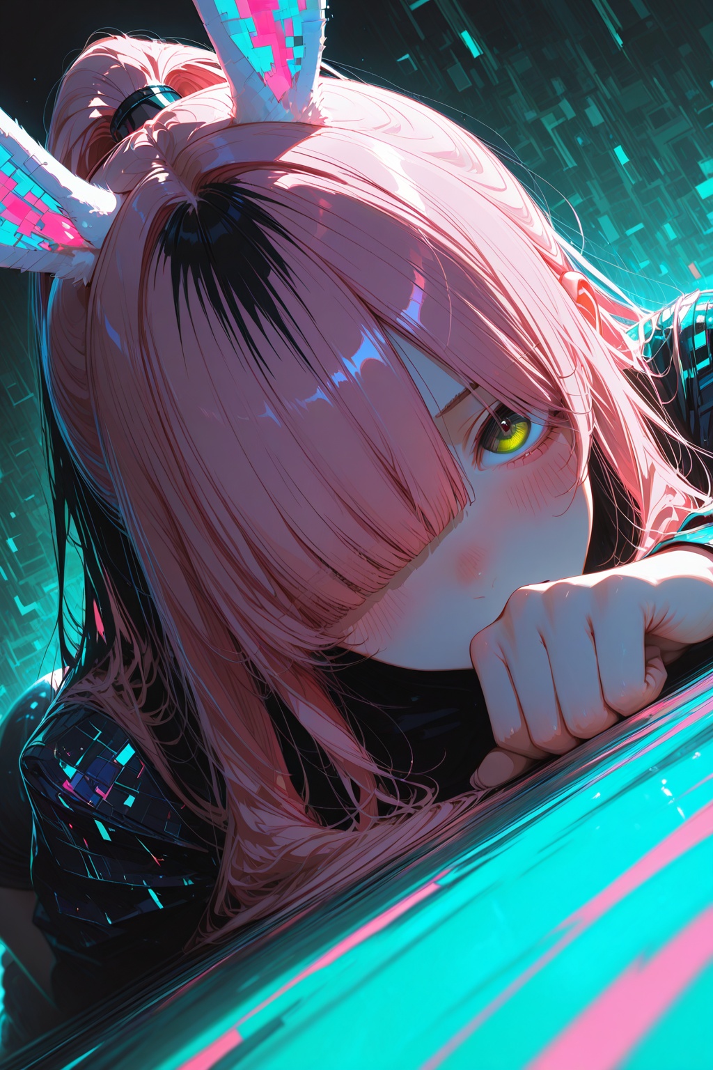 high_quality,highres,detailed,masterpiece,best quality,absurdres,vivid colors,geometric fragments,abstract patterns,woman,blue,green,yellow,black_hair,pink hair,hair over eye,long hair,brown eye,simple background,dynamic view,looking at viewer,face_focus,side view,bunny ears,blush,motion,glitch_art,moody lighting,ponytail,blunt bangs,dragging_pose,wide_angle,