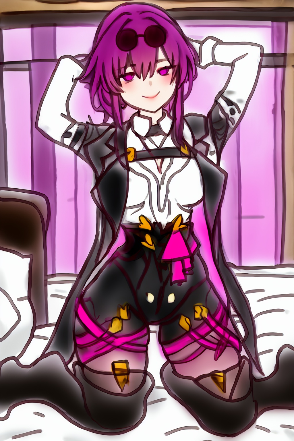 masterpiece, best quality,<lora:style22:1>,sketch,<lora:kafka:1>,kafka (honkai: star rail),1girl,solo,eyewear on head,purple hair,long hair, purple eyes,purple gloves,black jacket,white shirt, collared shirt,long sleeves,black shorts,purple pantyhose, thigh boots, black footwear,smile, looking at viewer, seiza, arms behind head, eyewear on head, bed, full body,