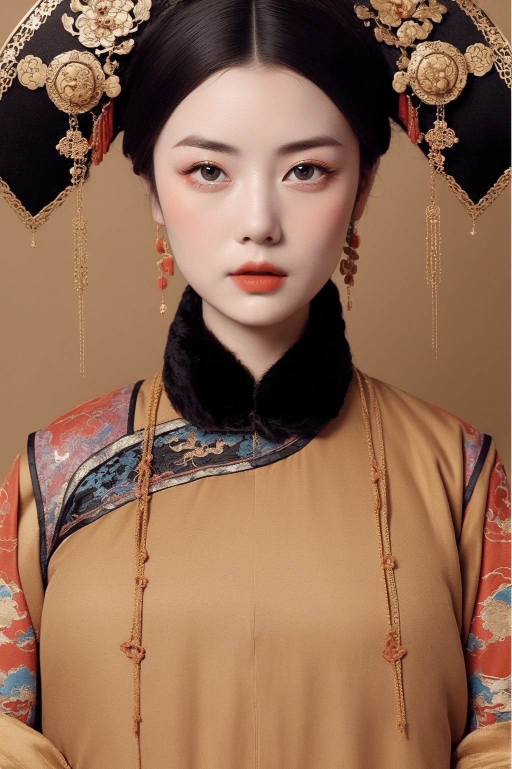 <lora:贵妃:1>,best quality,masterpiece,women of the qing dynasty in china,solid color background,beige_background,