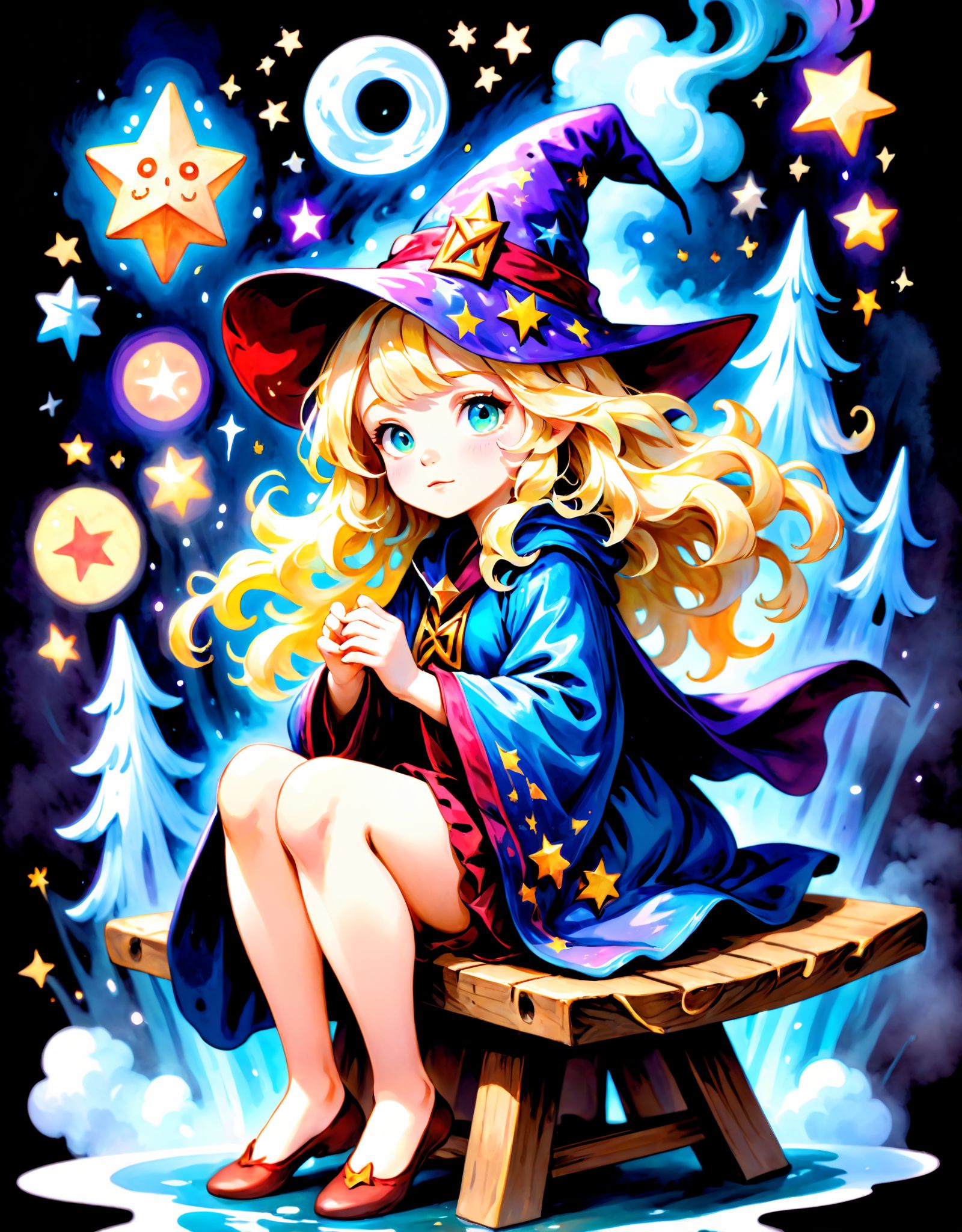 portrait,  water color of A blonde wizard girl with wavy hair,  wearing a pointy hat and a long robe covered in mystical s...