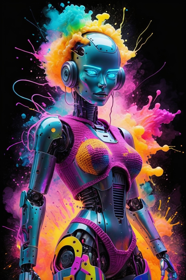 neon watercolor knitted woman,  robot apocalypse,  futuristic robot dollcore glowwave digital art on Tensor.Art