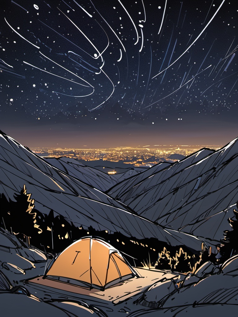 <lora:luXL毛躁手绘Fuzzylines_lora_resized:0.6>, fuzzylines, sketch, view of a camping site on the top of a mountain, under the starry sky, dark night,