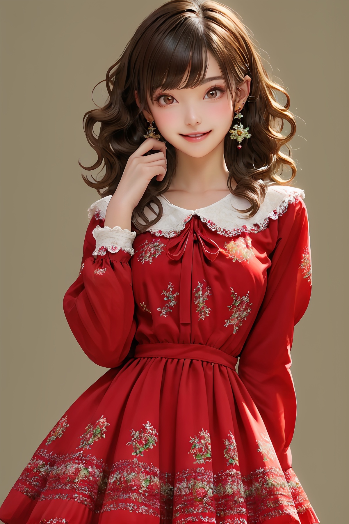 1girl, solo, brown hair, dress, jewelry, earrings, red dress, looking at viewer, simple background, long hair, smile, parted lips, bangs, cowboy shot, long sleeves, wavy hair, lips, blush, hand up, breasts, bracelet, floral print, print dress, standing<lora:shengdan:0.6>,normal fingers,yandere,
