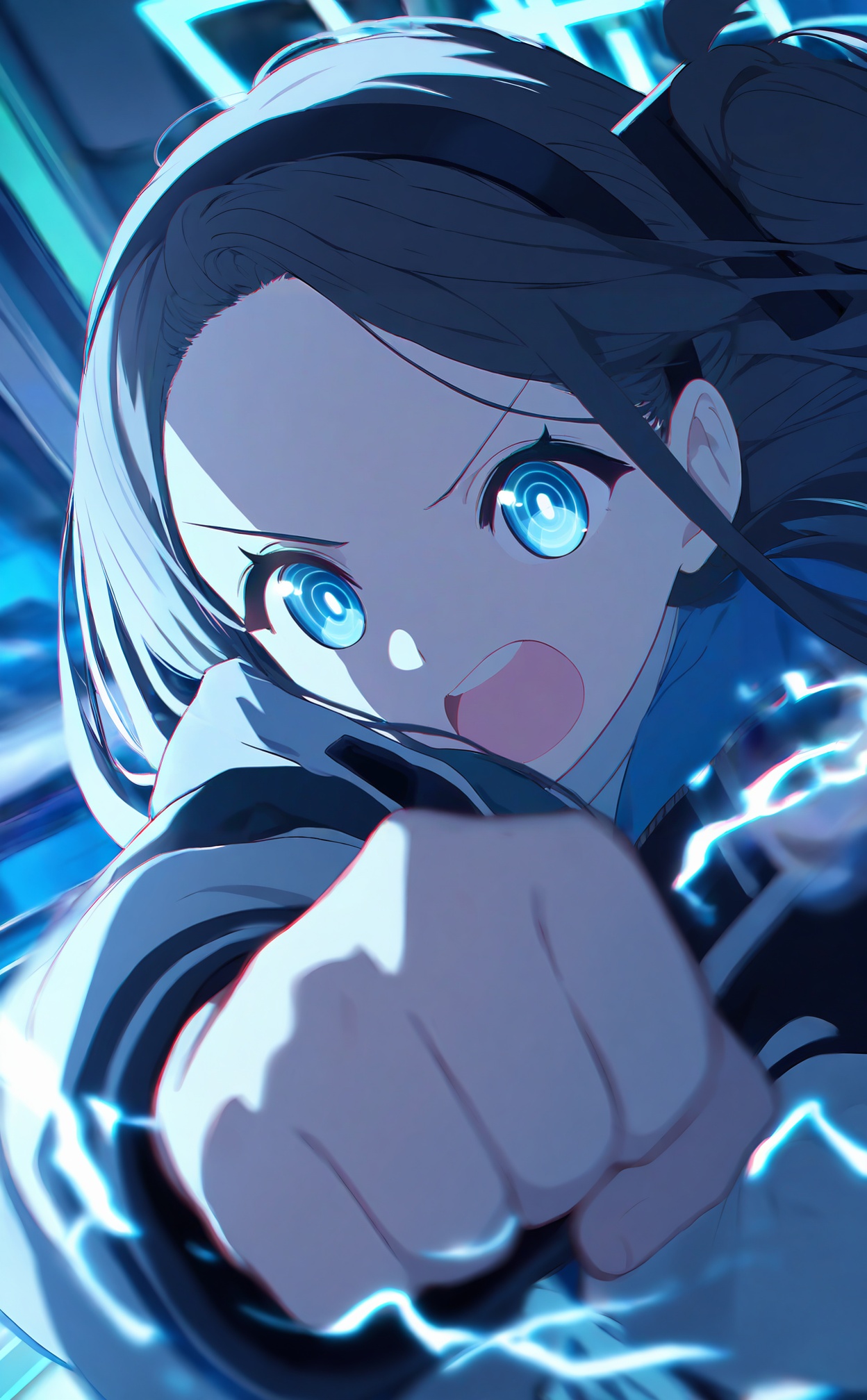 masterpiece,highres,absurdres,newest,best quality,high quality,loli,petite,chromatic_aberration,//,1girl,aris_\(blue_archive\),blue_eyes,solo,jacket,open_mouth,long_hair,black_hair,incoming_attack,ringed_eyes,blue_theme,long_sleeves,clenched_hand,forehead,electricity,white_jacket,hairband,v-shaped_eyebrows,train,upper_teeth_only,looking_at_viewer,black_hairband,one_side_up,teeth,upper_body,//,<lora:ba33——【noob】hans:1>,