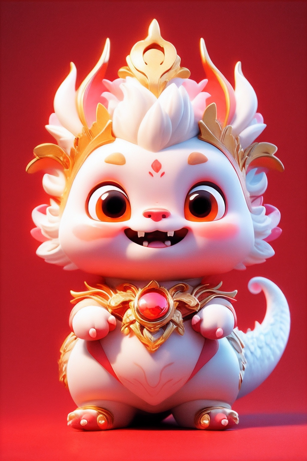 a cute pink and white pet,scale,red theme,<lora:Dragon Baby_20231209214719-000009:0.8>,((masterpiece)),rich details,extremely exquisite,claw,head gemstone,red background,fangs,