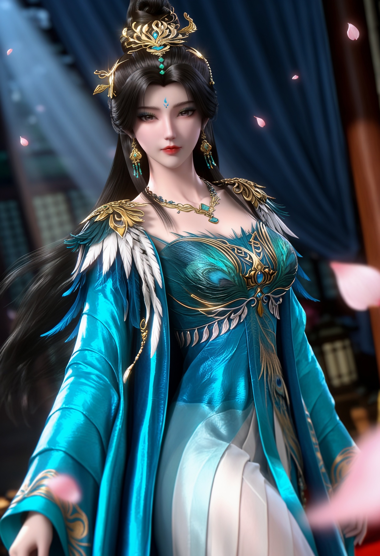 masterpiece,best quality,amazing quality,high resolution,ultra-detailed,absurdres,(looking at viewer:1.1),upper body,(Dark room:1.3),(moody lighting:1.1),peach blossom,falling petals BREAK (large breasts:0.8),huanmei,1girl,solo,black hair,long hair,hair ornament,jewelry,earrings,forehead mark,dress,blue dress,hair bun,necklace,chinese clothes,makeup,eyeshadow,shoes BREAK photorealistic details,<lora:QQSillhuanmeiV1:0.8>,