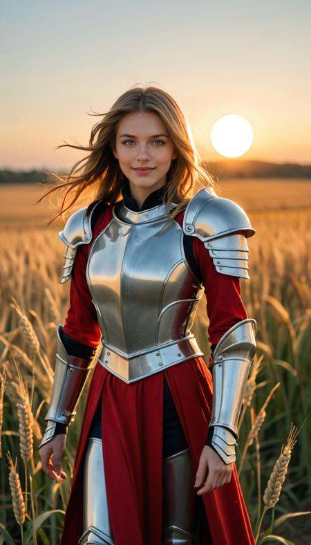 score_9_up, score_8_up, score_7_up, Raw Photo, Cowboy Shot, girl, knight, cute, seductive, innocent, light smile:0.3, plump lips, slender body, long hair, red leather armor, sorrowful expression, faded elegance, full moon night, poignant atmosphere, lost beauty, melancholic aura, hauntingly captivating, timeless grief, stark contrast, delicate decay, line art, backlighting, wind, wind:1.2, knight, orange, wheat field background, depth of field, dynamic angle, photo realistic:1.4, realistic skin:1.4, fashion photography, sharp, analog film grain, hyperdetailed:1.15