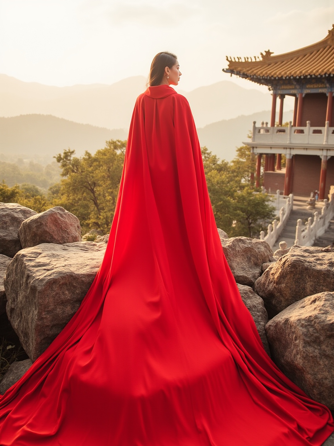 The image is a photograph of a woman standing on a rocky outcrop, facing away from the camera, with her back to the viewer. She is wearing a flowing, vibrant red cape that billows out behind her, creating a dramatic effect as it cascades down the rocks. The cape appears to be made of a smooth, luxurious fabric, possibly silk or satin, and contrasts beautifully with the rugged, natural surroundings. The woman's hair is dark and neatly styled, and she has a serene expression on her face, adding to the peaceful and contemplative mood of the scene. In the background, there is a traditional Chinese building with a distinctive roof, featuring intricate, curved eaves and a golden hue, which suggests it is made of glazed tiles. The building's architectural style is reminiscent of ancient Chinese palaces or temples. The sky is clear, with soft, golden hues, indicating either early morning or late afternoon, and the sunlight casts a warm glow on the scene, enhancing the vivid colors and textures. The background landscape includes rolling hills and distant mountains, adding depth and a sense of tranquility to the image. The overall composition is balanced and harmonious, with the woman's regal attire complementing the serene, historical setting.