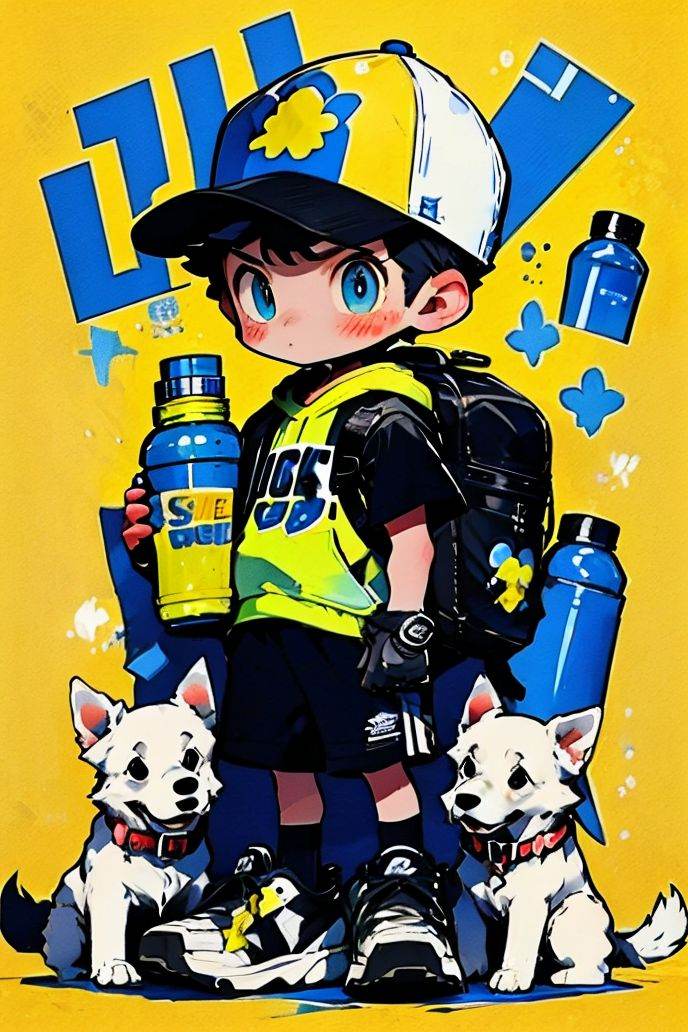 graffiti, 1boy, animal, backpack, bag, baseball cap, black hair, blue eyes, bottle, chibi, clothes writing, dog, english text, full body, hat, holding bottle, jacket, male focus, open clothes, orange background, shirt, shoes, sneakers, standing, yellow background  <lora:graffiti-bg-style-v1.0:1>