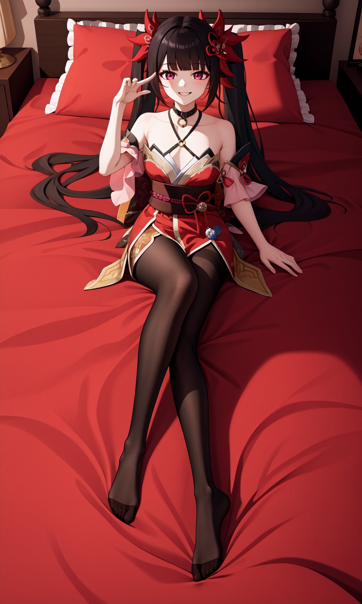 sparkle \\\(honkai: star rail\\\),1girl,solo,mask,twintails,black hair,long hair,fox mask,smile,japanese clothes,bare shoulders,kimono,choker,bangs,<lora:花火-000020:1>,lying on bed,bedroom,indoors,(full body:1.2),(black pantyhose:1.2),, 1girl,,  (masterpiece,best quality:1.2),absurdres