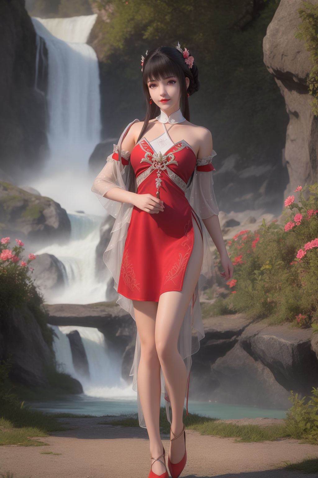 ultra realistic 8k cg,flawless,clean,masterpiece,professional artwork,famous artwork,perfect face,beautiful face,best quality,full_shot,absurdres,shenfengXiaoHuoLingEr,1girl,solo,dress,red dress,skirt,standing,blunt bangs,chinese clothes,detached collar,detached sleeves,hair bun,hair flower,halterneck,halterneck,sidelocks,torogao,smile,makeup,red lips,breasts,large breasts,jewelry,earrings,hair ornament,(outdoors:1.4),water,waterfall,butterfly,flower,long hair,realistic,looking at viewer,red footwear,<lora:shenfengXiaoHuoLingEr_20240106001948-000004:0.7>,