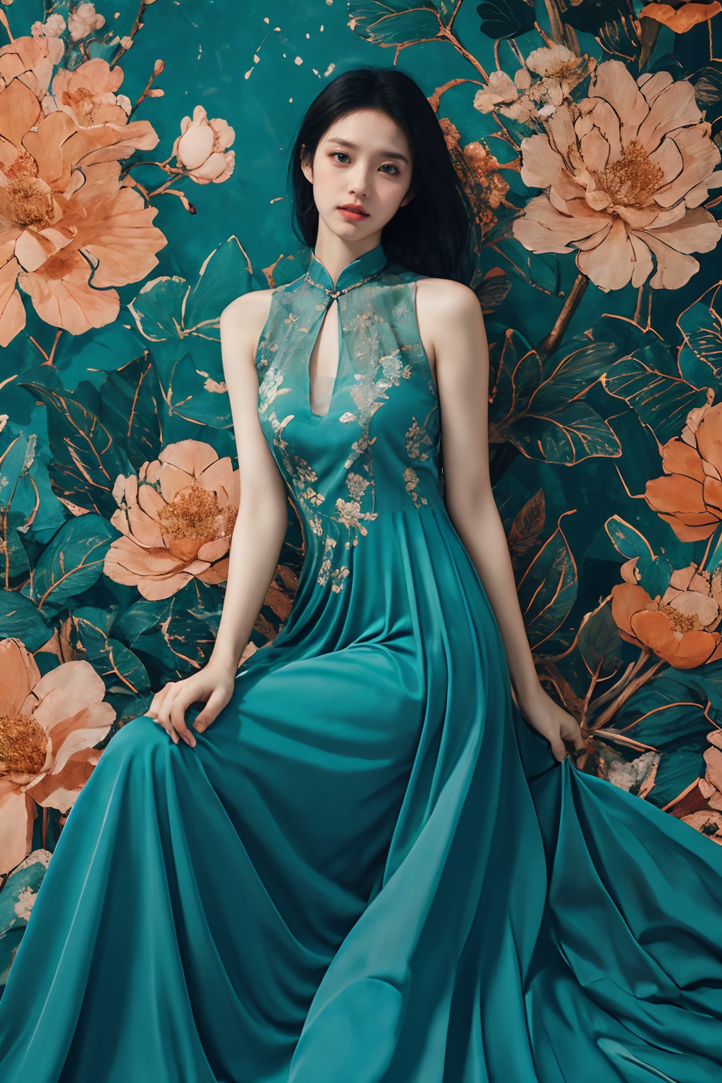 sd_mai, fanhuashijin, 1girl, solo, dress, black hair, flower, aqua dress, blue dress, looking at viewer, floral background, sleeveless, realistic, parted lips, sleeveless dress <lora:繁花似锦:0.7>