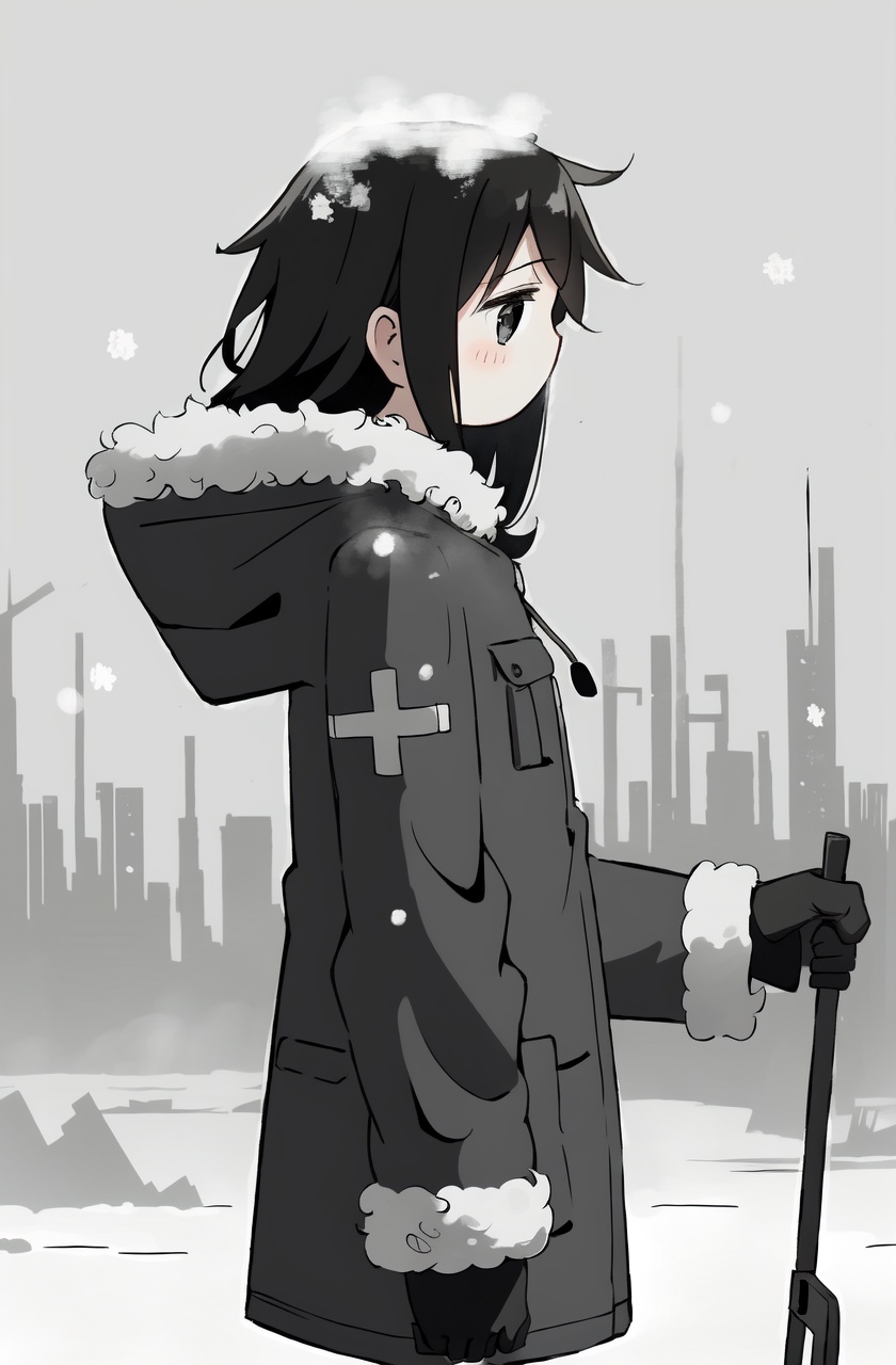 masterpiece,best quality,absurdres,1girl,solo,gloves,long hair,headwear removed,snowing,holding,helmet,monochrome,long sleeves,hood down,greyscale,hood,from side,coat,jacket,helmet removed,snow,fur trim,pocket,hooded coat,standing,hooded jacket,cowboy shot,ruins of city,