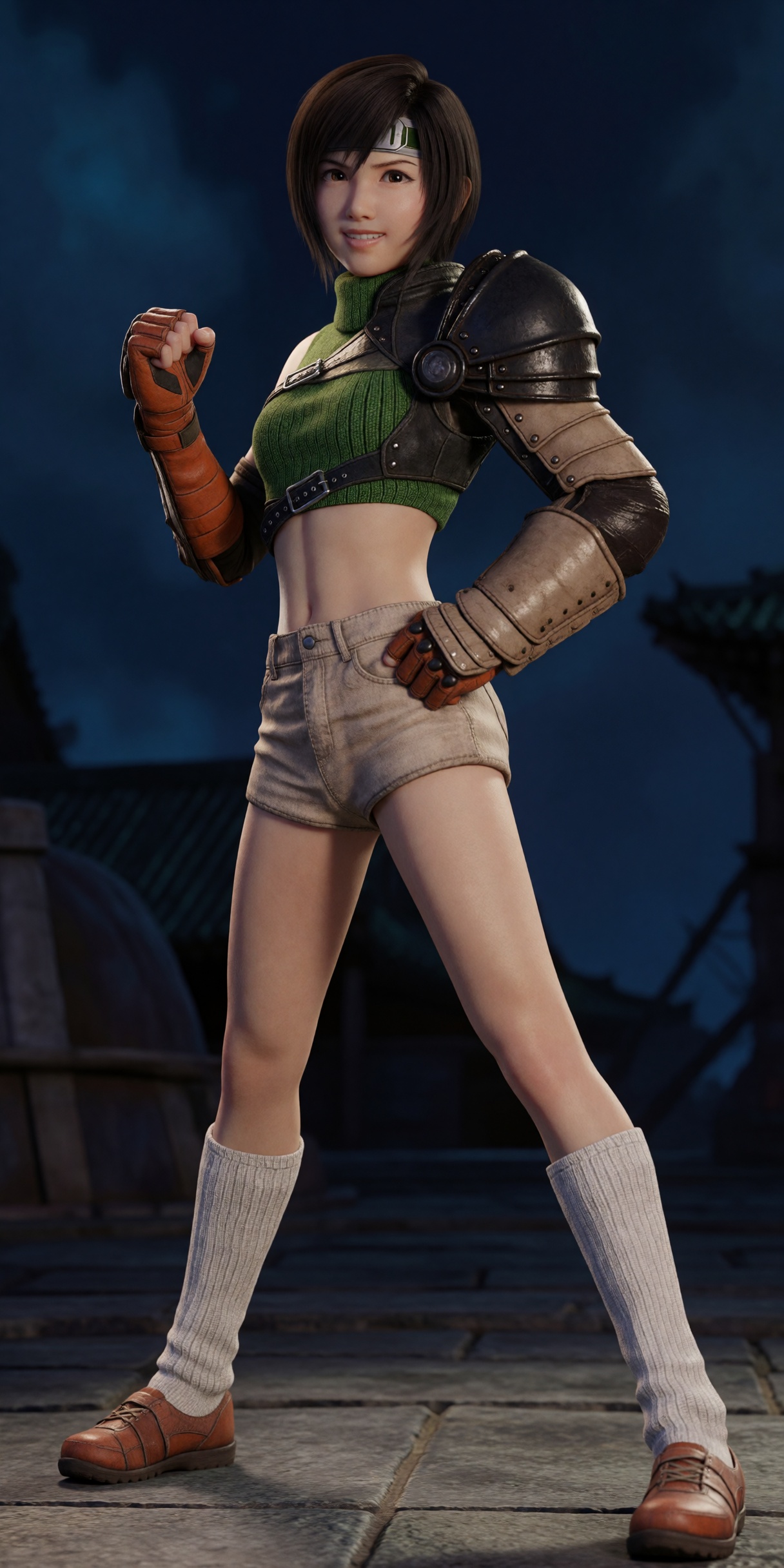 a still image of yuffie7,  she is a young woman with short dark hair,  She is wearing a green crop top on Tensor.Art