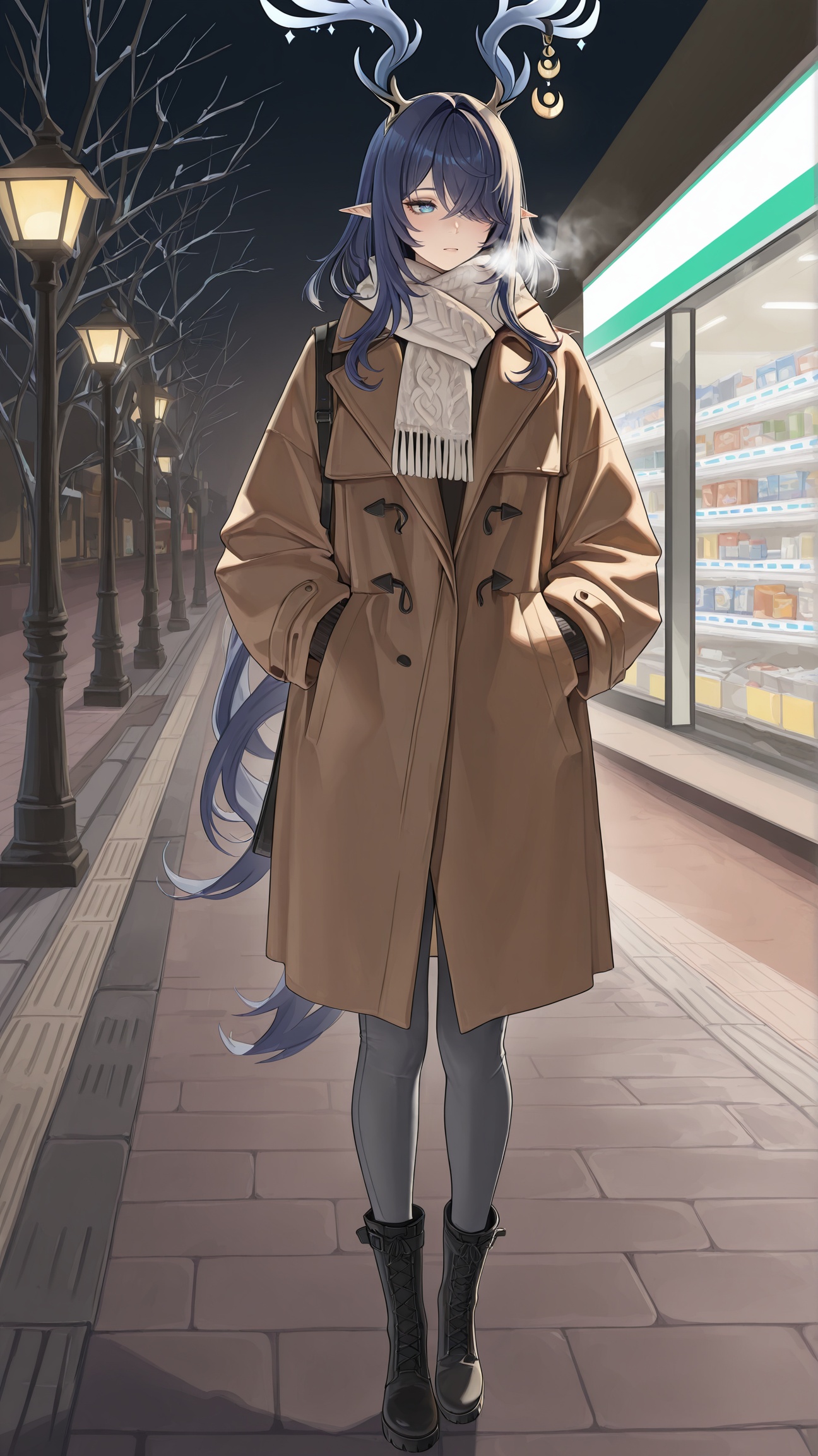 masterpiece,best quality,amazing quality,<lora:lauma_(genshin_impact)-000018:0.8>,lauma \(genshin impact\),1girl,pointy ears,hair over one eye,blue eyes,blue hair,<lora:20250808-1754650692631:0.8>,antlers,zhigan3d,flat chest,1girl,solo,camel_wool_duffle_coat,long_sleeves,gray_fleece_leggings,black_snow_boots,thick_knit_scarf,woolen_gloves,holding_hot_drink_cup,walking_on_sidewalk,winter_street,fallen_bare_tree_branches,street_lamp (turned on),convenience_store (exterior),cold_air (subtle),late_afternoon,cool_tone_light,warm_drink_steam,hands_in_pockets (alternate),