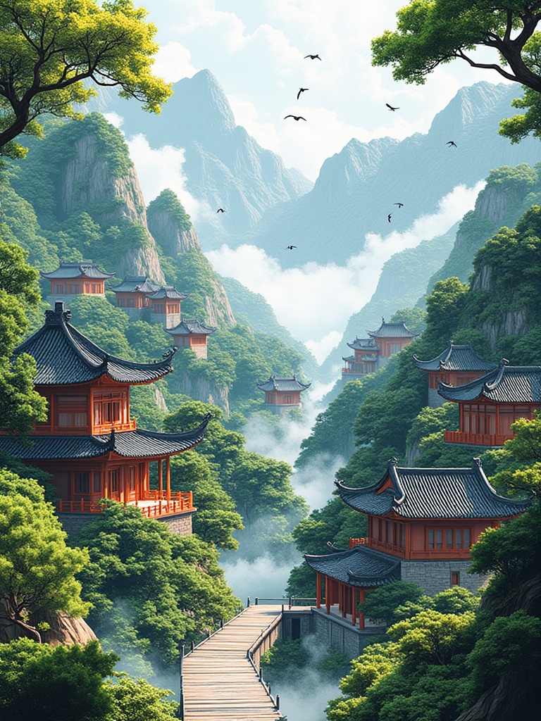 miluo_zsss,Chinese landscape architecture, A jaw-dropping digital painting of a lush, misty mountain village with traditional Chinese architecture, featuring wooden buildings with tiled roofs, surrounded by dense greenery and towering cliffs. A wooden bridge snakes through the scene, and birds flap overhead, adding to the chill, serene vibe.<lora:miluo丨中式山水-1.4:1>