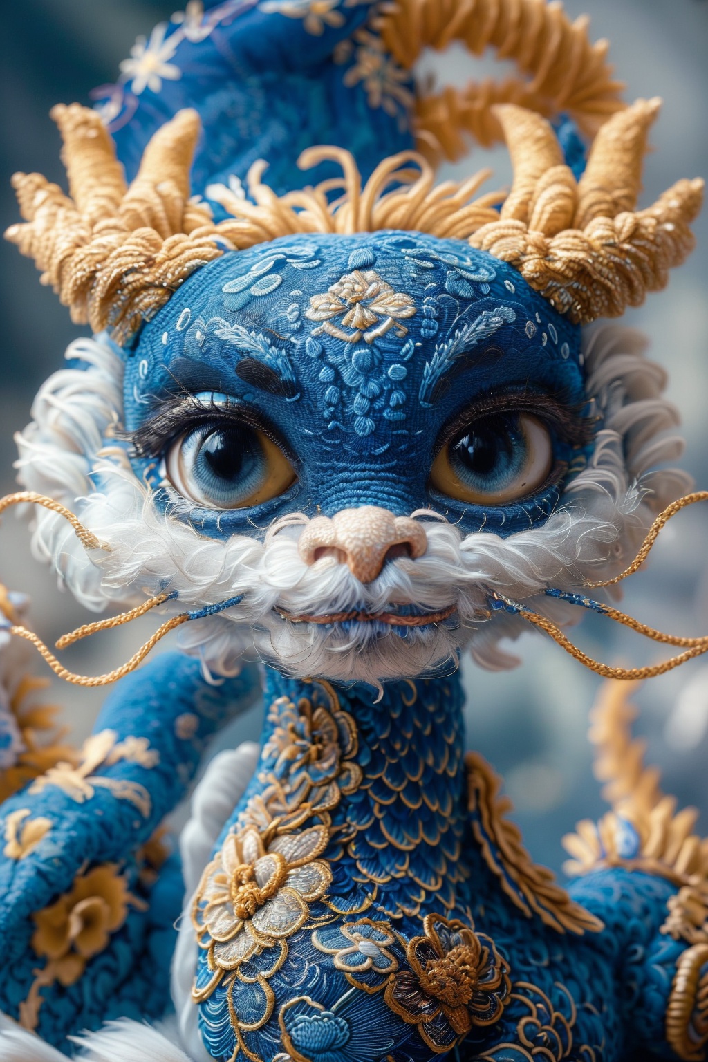 a blue and gold image of a Chinese Loong,realistic fine details,Chinese embroidery,no humans,blue eyes,depth of field,animal,animal focus,scales,