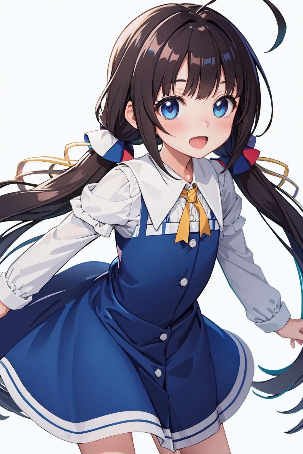 masterpiece,best quality, highly detailed, hinatsuru ai,1girl,low twintails,ahoge,solo,looking at viewer,open mouth,blue dress,loli,blush<lora:hinatsuru_ai:1>,simple background,white background