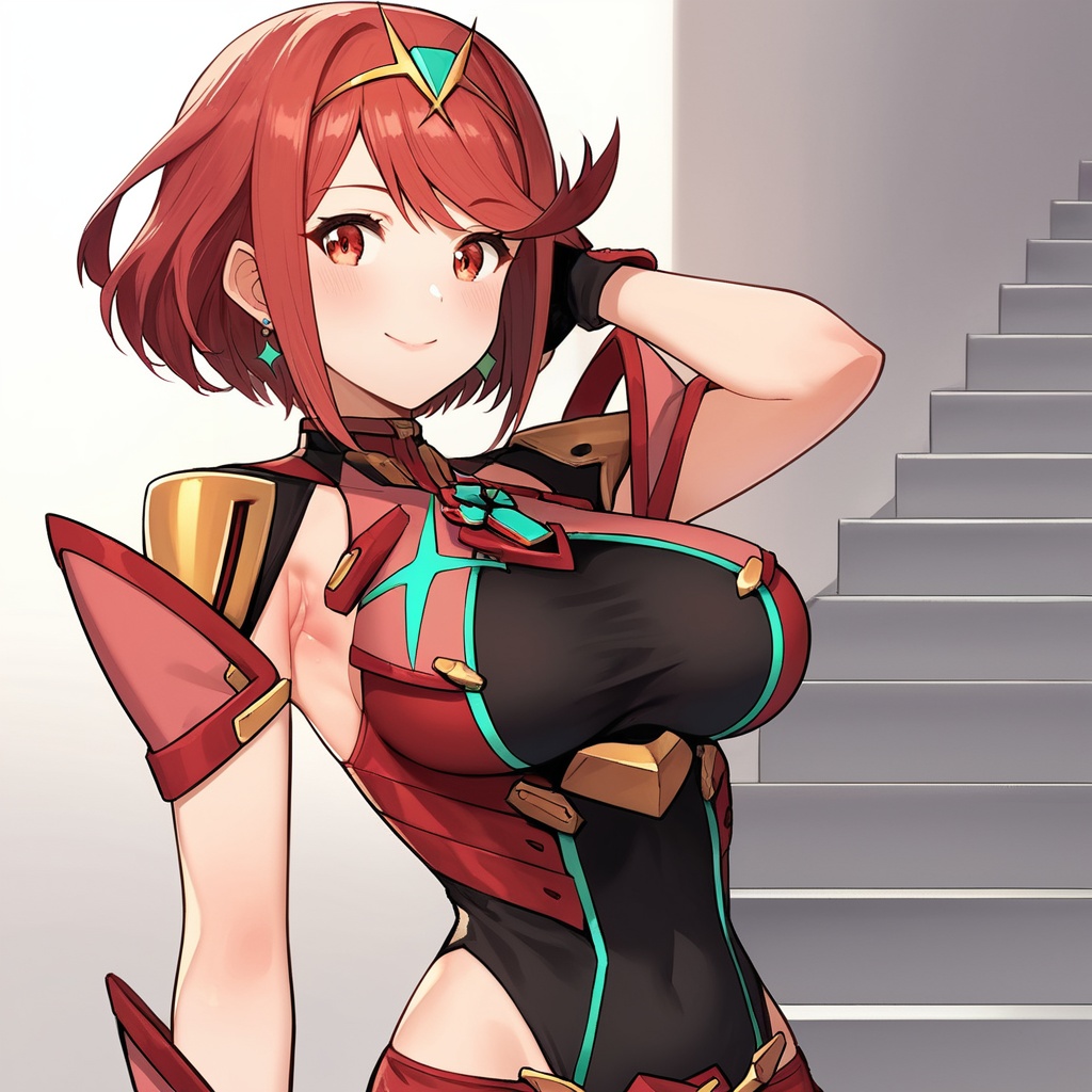 score_9,score_8_up,score_7_up,source_anime,armpits,pyra \(xenoblade\),<lora:pyrapony-V44:0.4>,1girl,solo,arm_behind_head,red eyes,red hair,short hair,large breasts,embarrass,smile,blush,arm_around_waist,red shorts,fingerless gloves,black gloves,thighhighs,swept bangs,tiara,jewelry,earrings,shoulder armor,(leaning_forward:0.8),indoor,stairs,cowboy_shot,<lora:Fixhands_anime_bdsqlsz_V1:1>,