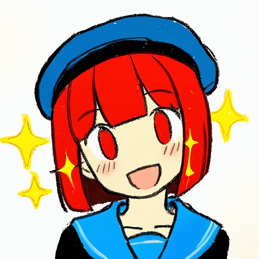 1girl,    solo, :d, collarbone, blue hat, straight hair, sailor collar, white background, short hair, hair between eyes, tareme, hat, blue sailor collar, red eyes, open mouth, smile, close-up, beret, blush, eyelashes, portrait, simple background, light blush, looking at viewer, white hat, red hair, head tilt, sparkle, bob cut, inverted bob, happy, character name, masterpiece, best quality,  safe