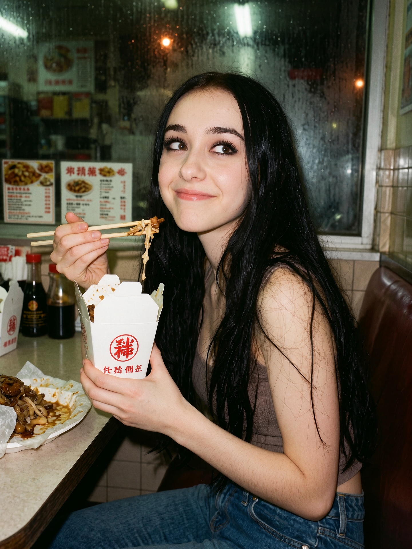 a realistic 35mm candid photo of a young woman with very long hair,  sitting sideways in a booth at a dimly lit Chinese ta...