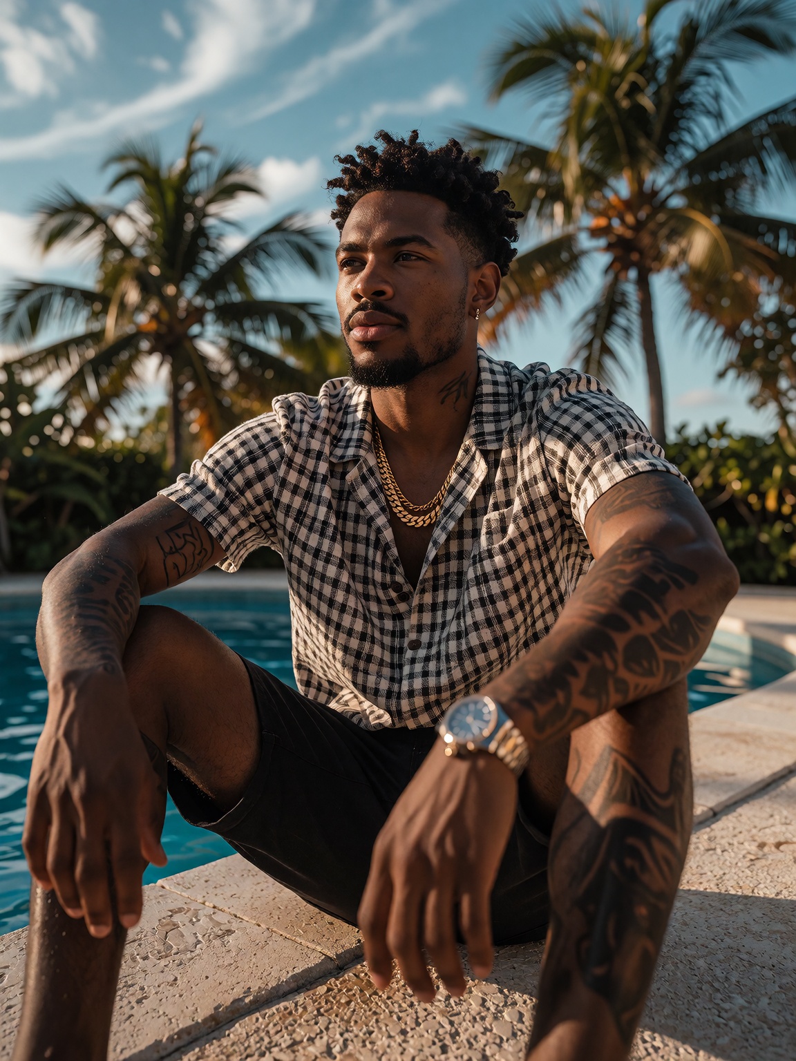 A professional photograph captures a Black man sitting relaxed on a sun-drenched poolside,  his short curly hair catching...