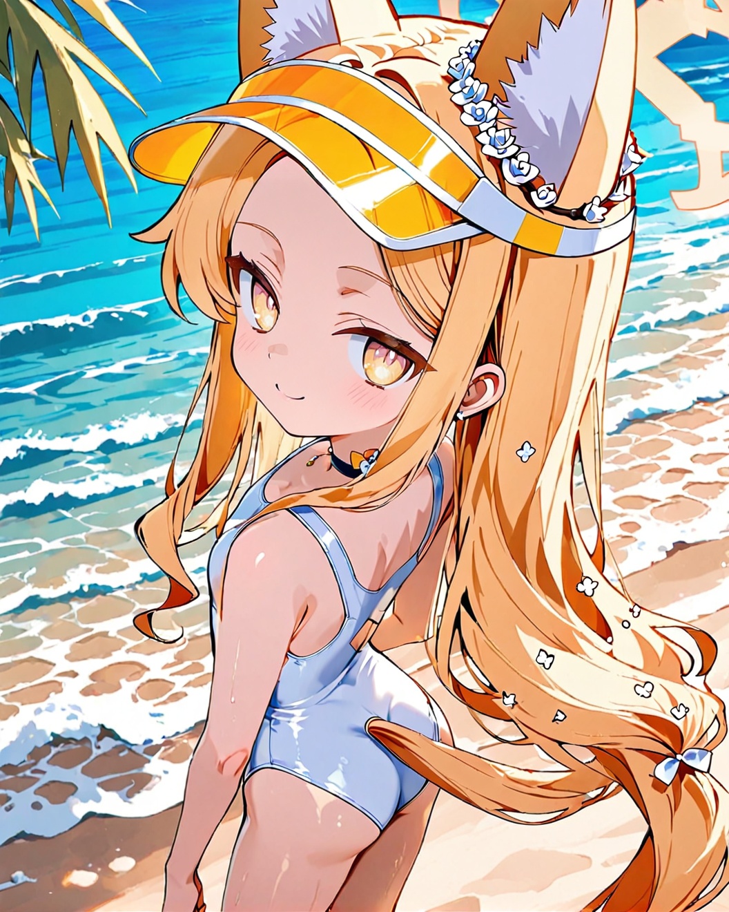 O,seia\(blue_archive\), 1girl, swimsuit, animal ears, solo, long hair, blonde hair, fox ears, ass, beach, tail, one-piece swimsuit, sunglasses, tinted eyewear, water, halo, flower, hair ornament, fox tail, outdoors, animal ear fluff, hair flower, smile, visor cap, ocean, white one-piece swimsuit, looking at viewer, bare shoulders, breasts, fox girl, extra ears, yellow eyes, closed mouth, small breasts, choker, bare arms, looking back, standing, from above, from behind, day, pink-tinted eyewear, sand, white-framed eyewear, white flower, school swimsuit, jewelry, bangs
