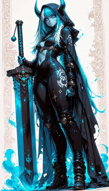 hkstyle,,    holding weapon, fighting stance, holding  buster sword,huge weapon,,  fantasy anime style, anime artwork, official art, highly detailed, vibrant colors, magical atmosphere, digital painting, ethereal glow, soft shadows, cinematic lighting masterpiece, best quality, high quality, ultra-detailed, realistic,  traditional media, western comics \(style\) ,limited palette, partially colored, vivid_color, high contrast, speed lines, sound effects, move_effects, action Create a detailed illustration of a female character in a dynamic pose. She is depicted with her body slightly turned to the side, showcasing a form-fitting bodysuit with intricate patterns and designs. The suit is predominantly black and white, with the patterns appearing in shades of blue and silver. The character has long, flowing blue hair that cascades down her back, and she wears a pair of dark, horn-like accessories on her head. The background is minimalistic, with a white backdrop featuring a circular design with red lines, possibly representing energy or motion. The overall style of the image leans towards a modern, graphic design with a touch of fantasy. The scene is captured from a sideview angle, focusing on the full body of the character. 1girl, solo, long_hair, breasts, looking_at_viewer, blue_eyes, simple_background, white_background, navel, closed_mouth, very_long_hair, standing, blue_hair, full_body, white_hair, multicolored_hair, small_breasts, hood, cape, colored_skin, :<, blue_skin, hkstyle,,    holding weapon, fighting stance, holding  buster sword,huge weapon,,  fantasy anime style, anime artwork, official art, highly detailed, vibrant colors, magical atmosphere, digital painting, ethereal glow, soft shadows, cinematic lighting
