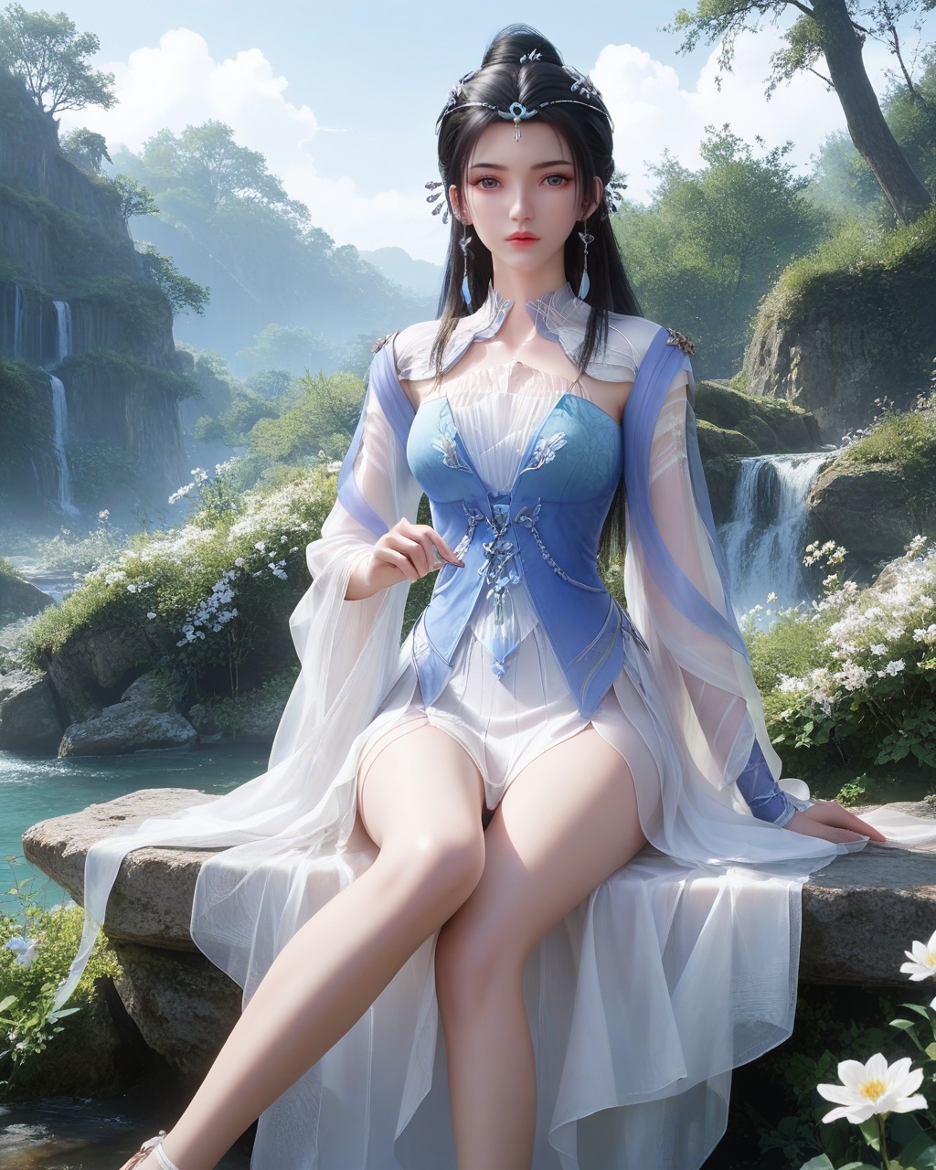 score_9,score_8_up,score_7_up,break.,1girl,solo,high quality,hair ornament,looking at viewer,1girl,solo,long hair,black hair,<lora:wy_limuwan_sn_XL7.1:0.8>,sitting,outdoors,gaden,flower,thick_thighs,