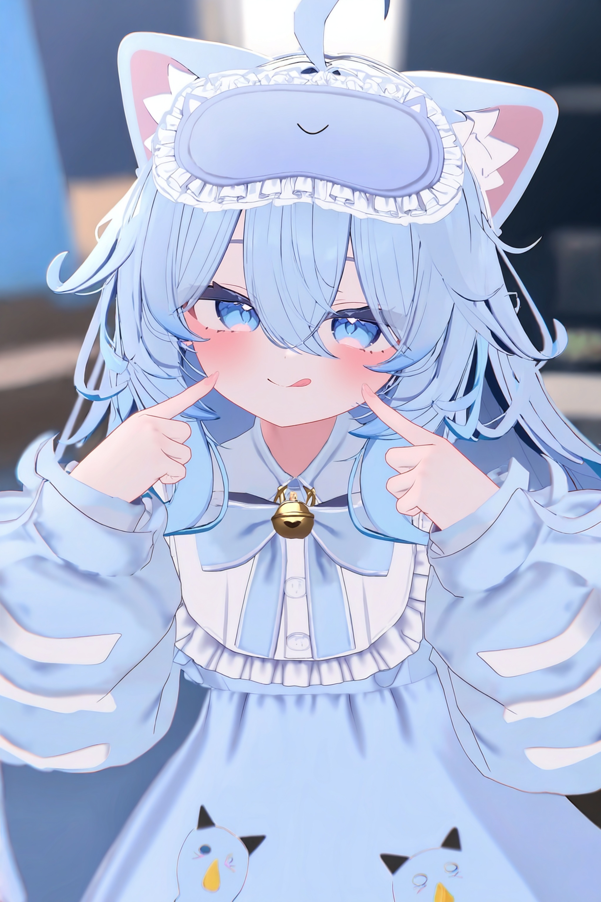 vrc_vibe,<lora:vrc_style_v2:1>,masterpiece,best quality,newest,absurdres,highres,1girl,sleep mask,blue hair,blue eyes,animal ears,tongue out,tongue,virtual youtuber,dress,blue dress,bell,cat ears,blurry,:p,pointing at self,blurry background,cat girl,pointing,long hair,solo,mask on head,looking at viewer,ahoge,animal ear fluff,neck bell,jacket,mask,blush,collar,hair between eyes,bow,long sleeves,smile,bowtie,frills,