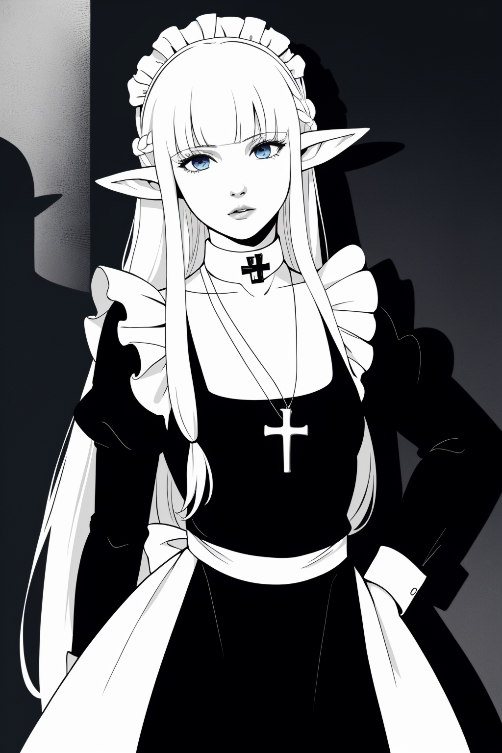 realistic,Nephelia,1girl,pointy ears,blue eyes,very long hair,white hair,elf,apron,maid,collar,braid,dress,long sleeves,frills,blunt bangs,hair ribbon,<lora:lbc_Nephelia_v1.0:0.8>,dramatic shadows,black and white,monochrome,{{comic}},cross necklace,Cassock,