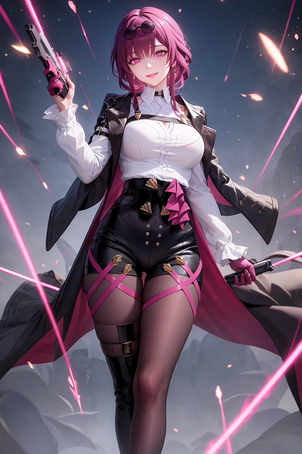 masterpiece, best quality,<lora:kafka:1>,kafka (honkai: star rail), weapon, gun, gloves, 1girl, holding, holding weapon, breasts, shorts, pantyhose, jacket, holding gun, full body, looking at viewer, eyewear on head, sunglasses, purple hair, handgun, white shirt, long sleeves, shirt, solo, choker, jacket on shoulders, black footwear, bangs, thigh gap, pink hair, black jacket, large breasts, black shorts, boots, pink eyes, smile