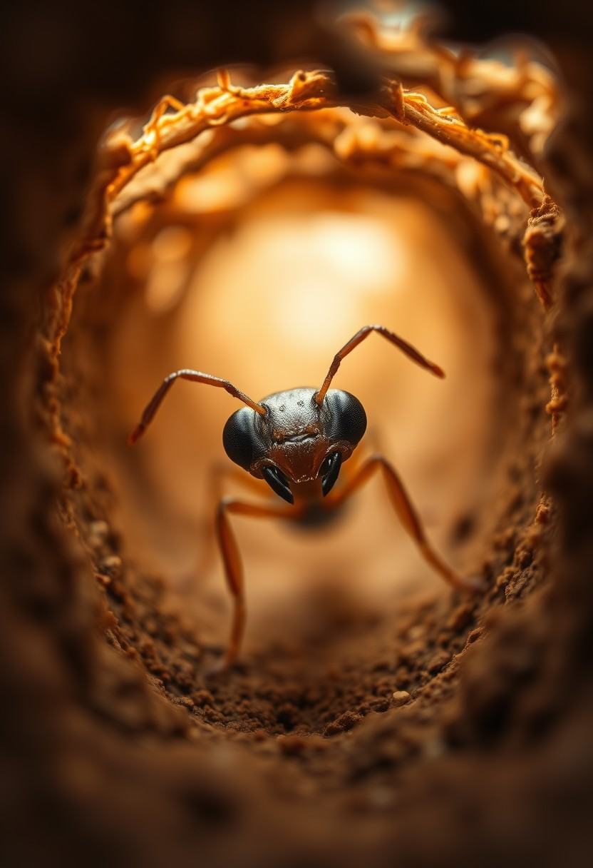 Macro photograph,  a close-up view of a ant's POV as it navigates through the intricate tunnels of an ant colony,  8K on T...