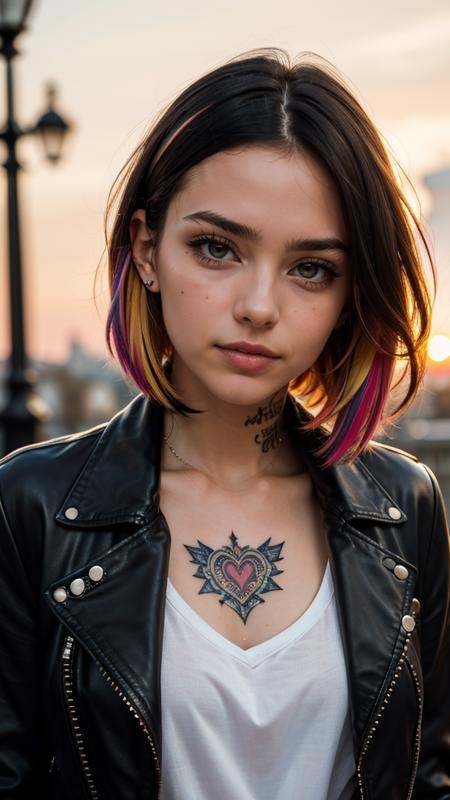 raw portrait photo of Punk Girl,  very short multicolored hair,  in high detailed textured (black leather jacket) on Tenso...
