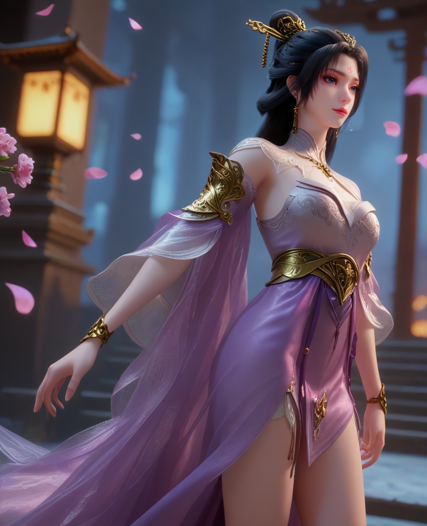 (oriental architecture, elegant decor, sophisticated style:1.1),(Heroic Gaze, Standing tall, one hand on the hip, and looking confidently into the distance,:1.1),(breasts:1.2),<lora:XL16克金玩家梅妃:0.95>,miss meifei,purple high slit corset dress,blue eyes,facial mark,black hair,draped looped buns with long cascading hair,hair ornament,jewelry,see-through capelet,bracelet,petals,, score_9,score_8_up,score_7_up,score_6_up,score_5_up,score_4_up,3d rendering,tag1,tag2, Cinematic Lighting,backlighting,, zPDXL3, zPDXL2,zPDXL, zPDXLxxx, zPDXLrl,