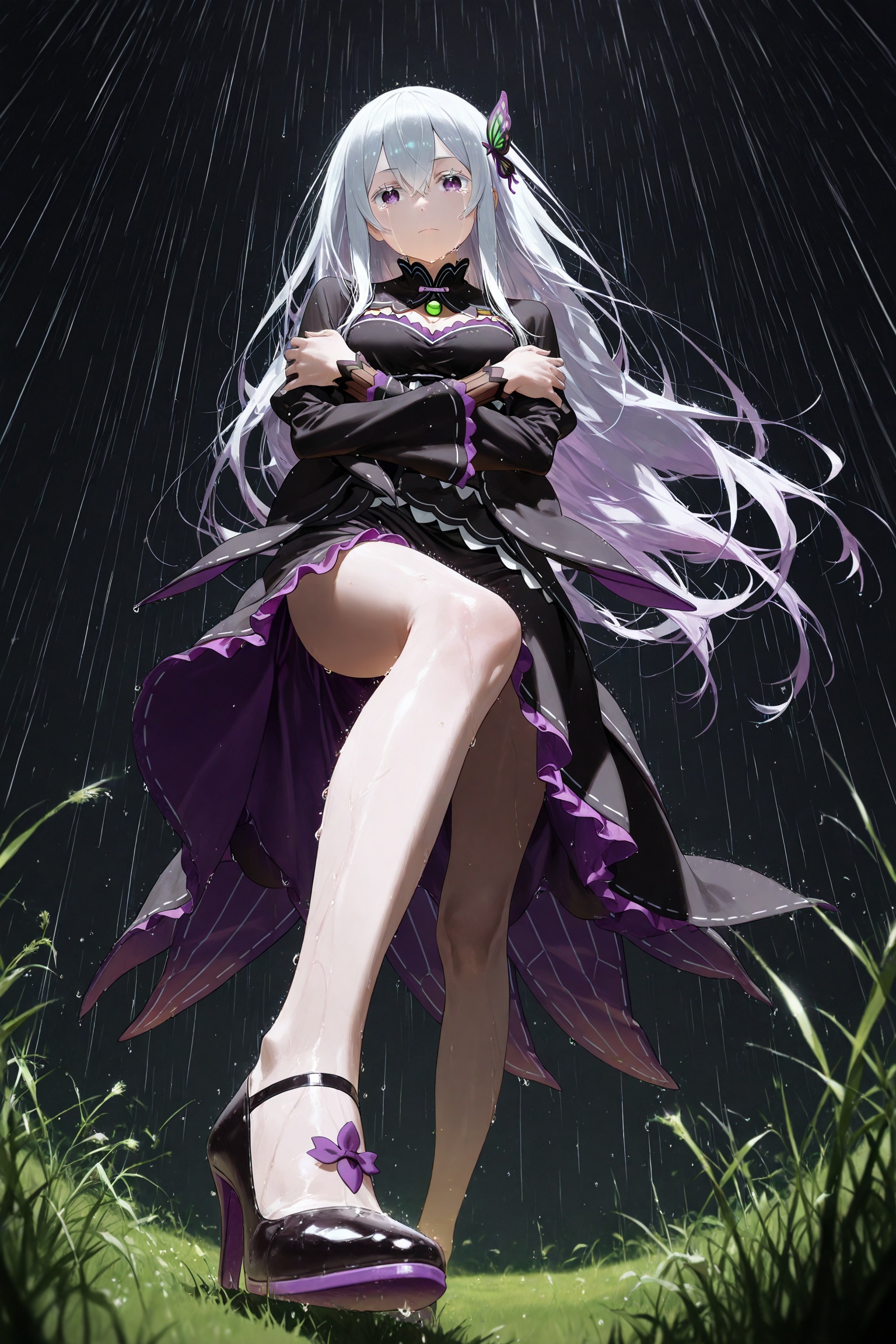 best_quality,masterpiece,newest,year 2024,year 2023,very aesthetic,absurdres,impactful picture,offcial art,movie perspective,(aos:0.5),(fajyobore:0.5),(chiaroscuro:0.5),1girl,solo,echidna_(re_zero),re_zero,looking at viewer,expressionless,dark background,rain,open hands want to hug,tears,from_below,grassland,vision,whole body,high_heels,