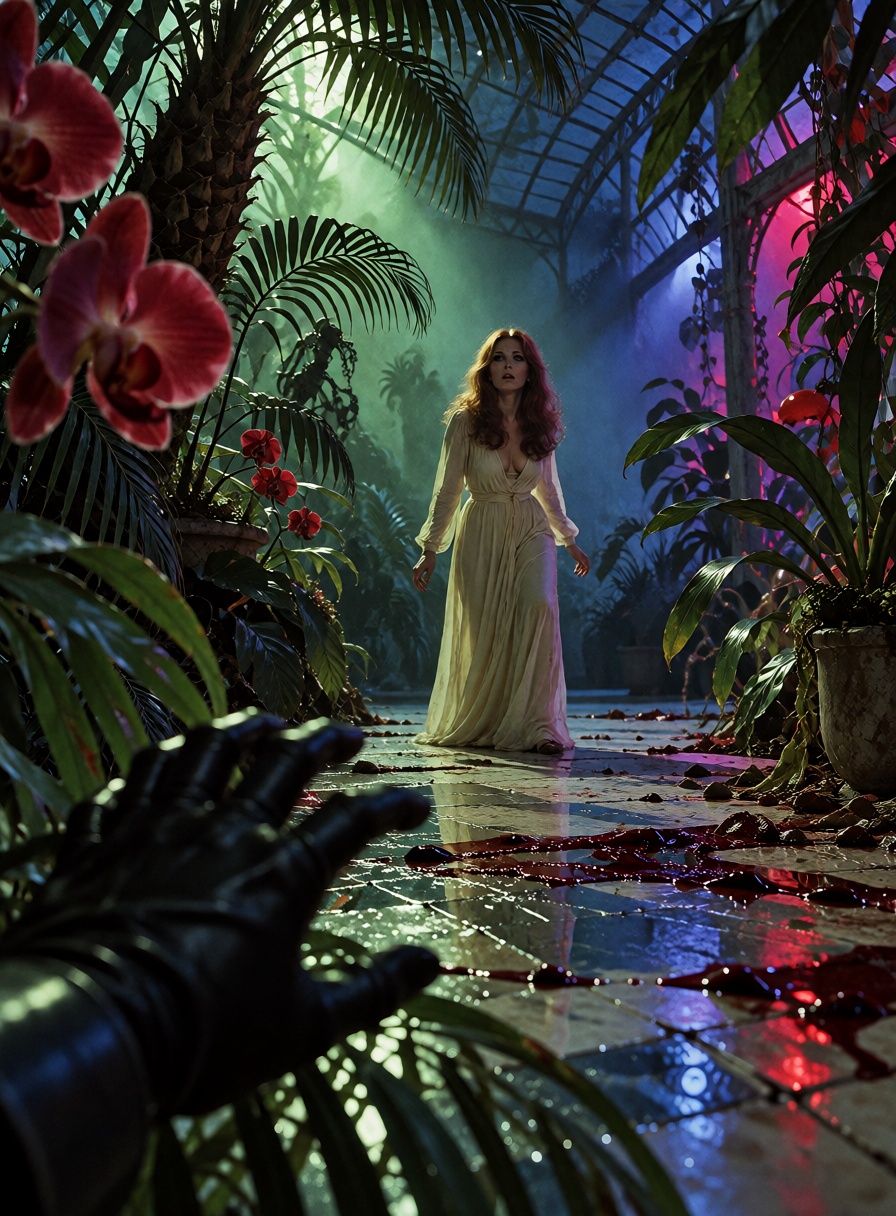 An ***** red-haired woman in a flowing ivory dress standing inside a vast abandoned botanical greenhouse at midnight,  eno...