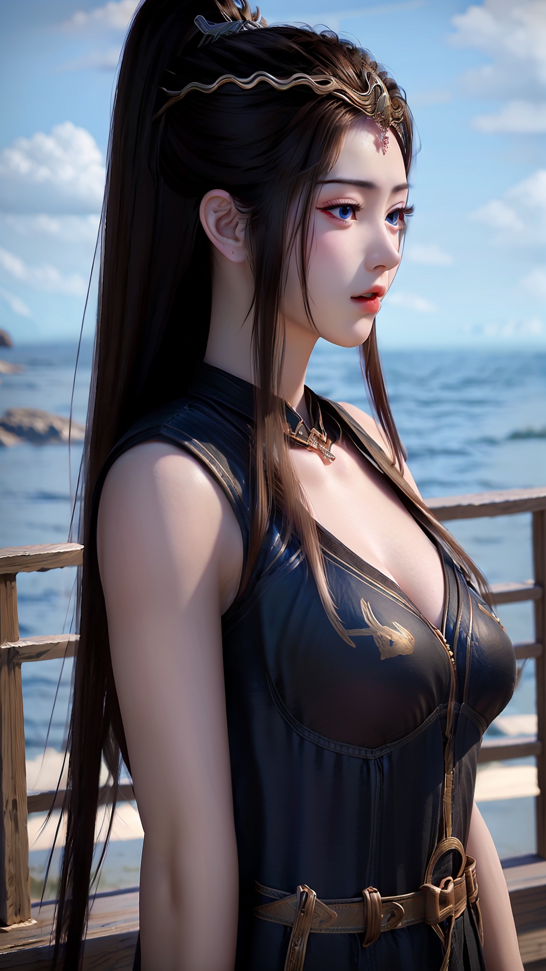 1girl, solo, long hair, hair ornament, sky, outdoors, blue sky, upper body, brown hair, day, water, blue eyes, dress, black hair, chinese clothes, ocean, ponytail, expressionless, looking to the side,<lora:粉色妆容强度调节滤镜:0.5>,huge filesize,reservoir,<lora:girl solo yuanyao_20240908025103:0.8>,
