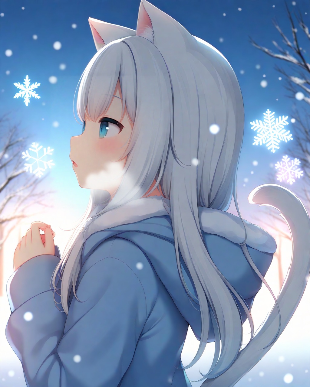 (Best-A:1.1),amashiro_natsuki,1girl, animal ears, tail, blue eyes, solo, cat tail, cat ears, cat girl, white hair, hood, long hair, animal ear fluff, hood down, outdoors, snow, blush, parted lips, upper body, tree, snowing, winter, snowflakes, fur trim, breath, looking up, hooded jacket, from side